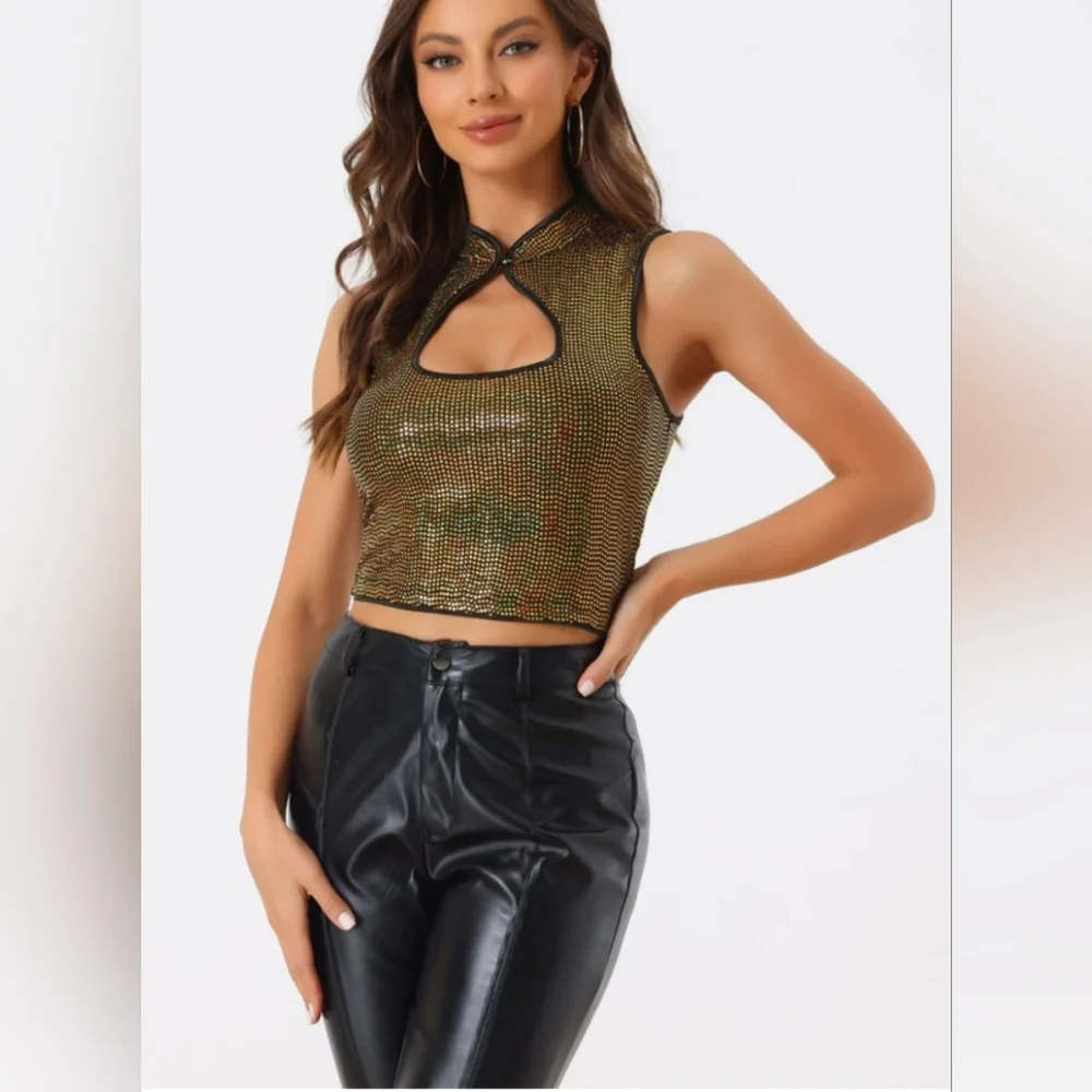 Allegra K - Sleeveless Cut Out Front Crop Tank - Slim Fitted -Sequins Top - NWOT - Picture 5 of 7